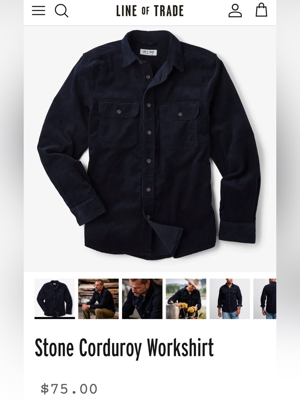 LINE OF TRADE — Men’s Stone Corduroy Workshirt in Midnight Blue, size Medium